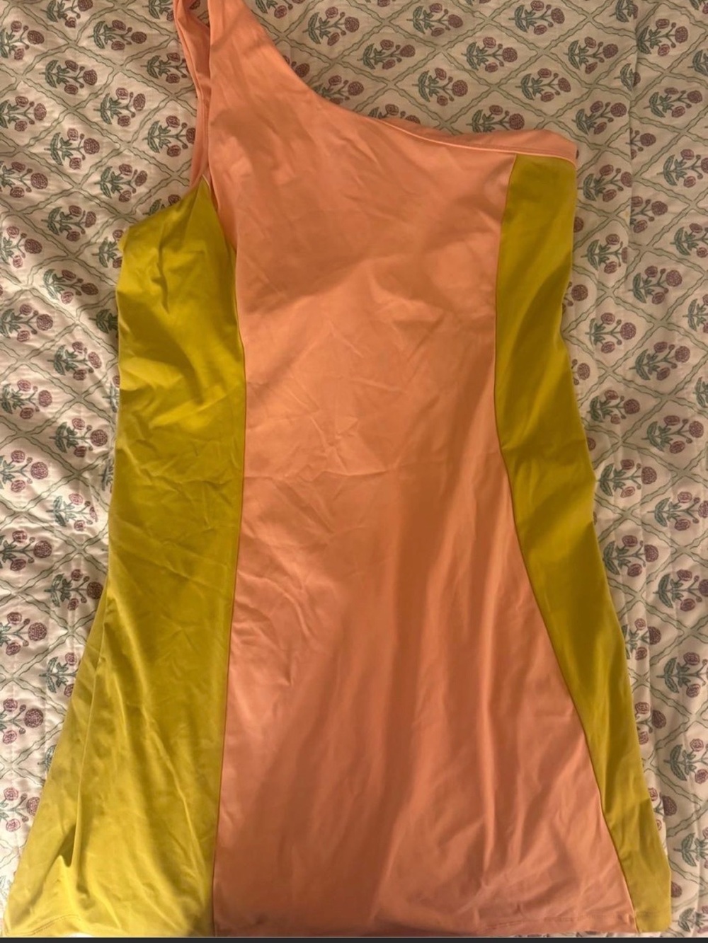 Outdoor Voices One-Shoulder Colorblock Pink and Mustard Dress